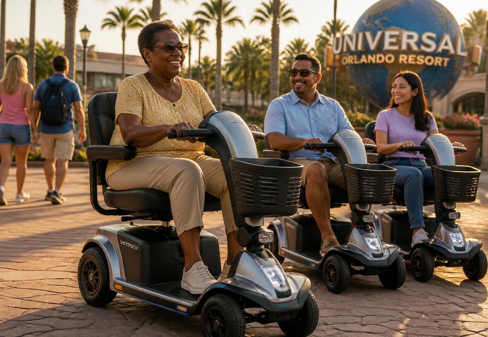 A diverse group of guests riding Pride Victory 10 mobility scooters near Universal Orlando Resort